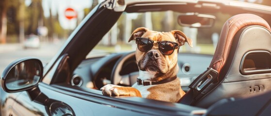 Cool and carefree vibe as a dog in sunglasses sits in a convertible's driver seat with the top down under the sun. Light interior adds to the relaxed setting.