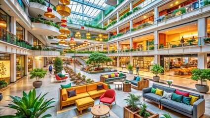 Fototapeta premium Colorful modern shopping center in Kuala Lumpur, Malaysia, featuring a vast showroom of affordable Scandinavian-inspired furniture and decor, bustling with happy families and shoppers.
