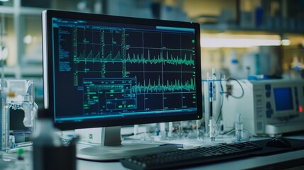 A scientific research setting with a computer screen displaying complex electrical wave graphs, highlighting the detailed data and analysis of electrical signals.