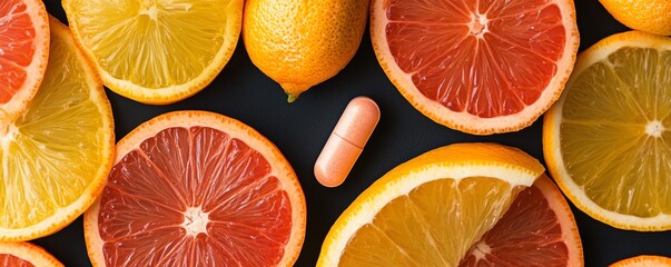 Fototapeta premium Detailed view of a single supplement tablet surrounded by fresh citrus slices, supplement, natural metabolism support