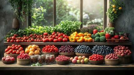 Vibrant Organic Food Display Featuring Fresh Fruits and Vegetables in a Colorful Arrangement