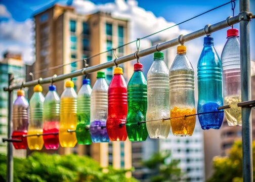 Colorful used plastic bottles repurposed as makeshift weights on a outdoor banner, filled with water to resist windy forces, against a blurred urban background scenery.