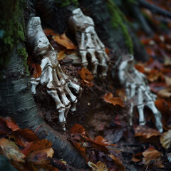 A series of skeletal human hands clawed out from beneath a layer of freshly fallen autumn leaves, strewn across the wet, root-filled soil of the forest floor.