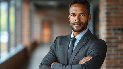 Fototapeta premium Confident professional man in suit standing with arms crossed in modern office space during daylight