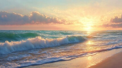 Fototapeta premium A serene coastal scene with the sun rising above the horizon, casting soft, warm light over gentle waves and creating a peaceful beach setting.