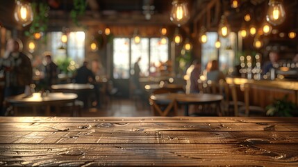 Cozy café interior with warm lighting and wooden tables in a bustling atmosphere during the evening