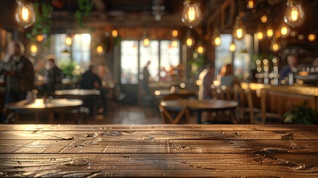 Cozy café interior with warm lighting and wooden tables in a bustling atmosphere during the evening