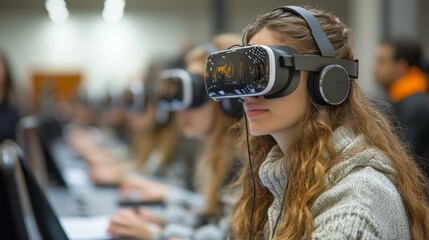 Students using virtual reality glasses in learning environment, Education and Technology concept Generative AI
