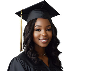 Portrait of African American female college graduate with graduation dress on transparent background