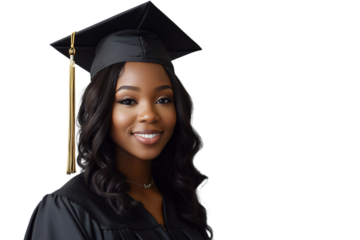 Portrait of African American female college graduate with graduation dress on transparent background