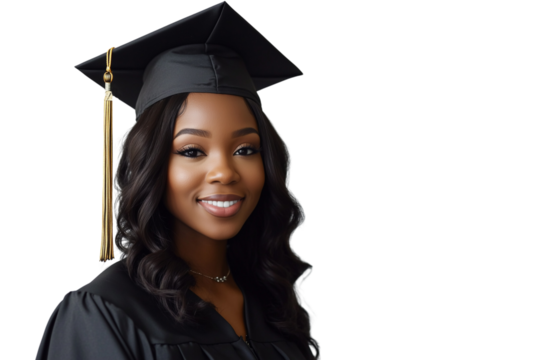 Portrait of African American female college graduate with graduation dress on transparent background