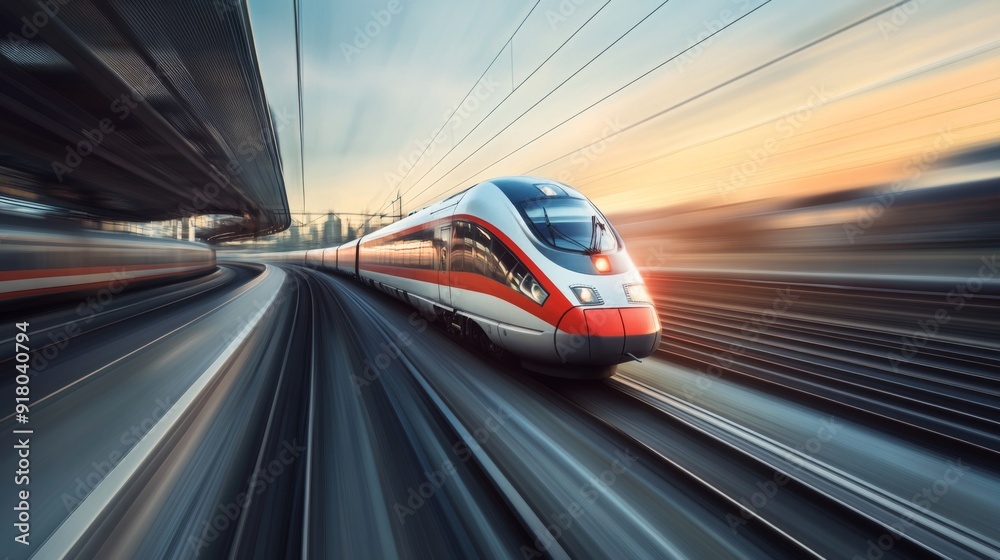Fototapete A sleek high-speed train zooming along a modern railway track, with its streamlined design and motion blur capturing the essence of speed against a clear sky.