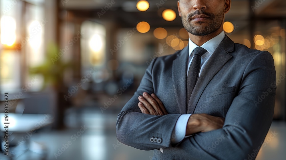 Wall mural Professional man in suit standing confidently in a modern office during late afternoon sunlight