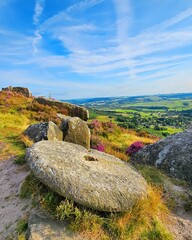 Millstone, Sunset Over Baslow Edge, Curbar Edge, Derbyshire, Peak District National Park, UK, Drone photography, Landscape Photography