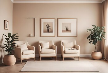 A living room with a gallery wall of framed artwork, plush armchairs in warm colors, and a potted plant