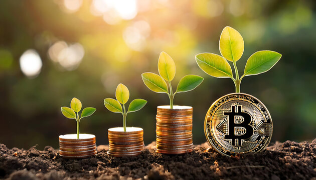 three saplings growing stacks coins bitcoin symbolizing growth investment