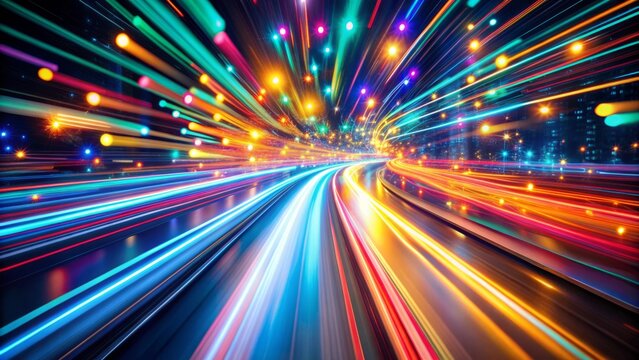 Fast-paced blurred trail of colorful lights streaking across a dark background, conveying a sense of dynamic movement, energy, and futuristic transition.