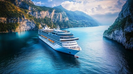 Fototapeta premium A stunning full-length view of a cruise ship anchored near a scenic coastline, with the ship's grandeur highlighted by the picturesque landscape and serene waters.