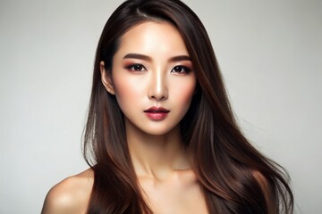 Naklejka premium Glowing Asian woman with long hair and flawless skin poses on a white background, showcasing perfect Korean-inspired makeup and radiant facial features, exuding beauty and serenity.