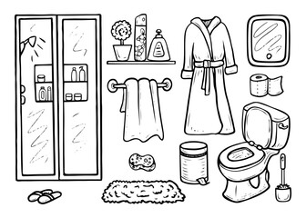 Obraz premium Bathroom hand drawn doodle. Toilet interior. Shower, robe, towel, mirror, rug, toilet paper, trash can, slippers. Home decor, furniture. Vector outline line art illustration.
