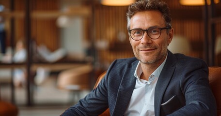 Fototapeta premium a handsome businessman in his late thirties, dressed in a suit and glasses, sits on an armchair, with wooden walls and blurred figures in the background.