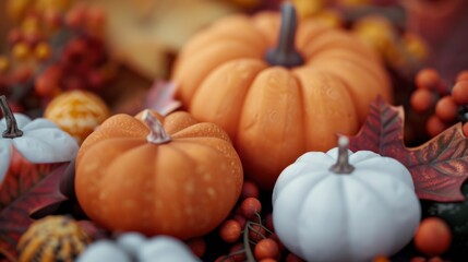 Colorful Assortment of Pumpkins and Autumn Leaves on the Ground