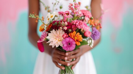 Woman Holding Colorful Flower Bouquet Against Soft Pink Background