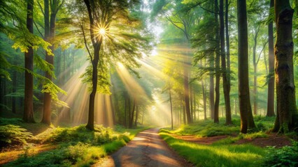 Obraz premium Majestic sunbeams illuminate a serene forest landscape, with vibrant green trees, gentle mist, and a winding path, evoking a sense of tranquility and wonder.