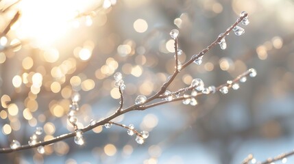 Winter Wonderland: Icy Branches Glistening in Morning Sunlight