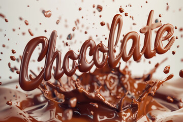 A 3D letters chocolate text splashes into a pool of melted chocolate