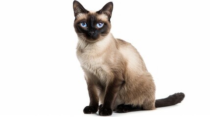 Obraz premium A sleek Siamese cat with a shiny coat and striking blue eyes, sitting in a poised and elegant manner on a white background. sophisticated appearance. 