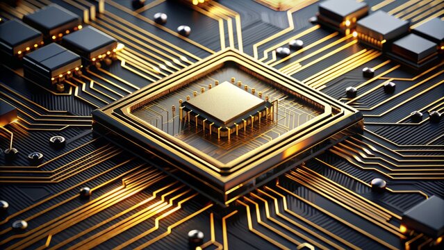 Microscopic view of a central processing unit, with intricate circuits and gold wiring on a black background, showcasing advanced computer technology.