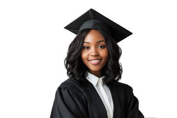 Black female college graduate with graduation dress on transparent background