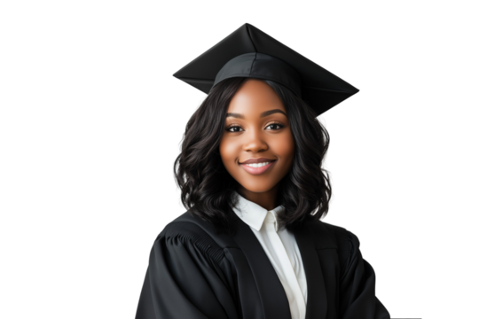 Black female college graduate with graduation dress on transparent background - Powered by Adobe