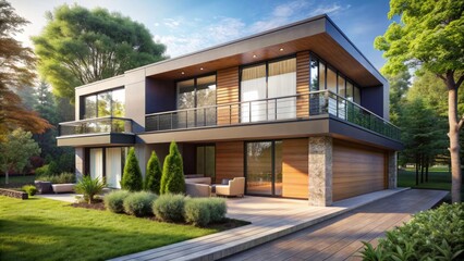Obraz premium Modern minimalist flat house exterior with sleek architecture, large windows, and a small balcony amidst lush green trees in a serene suburban neighborhood.