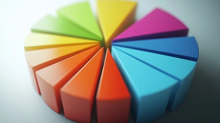 Obraz premium A top-down view of a 3D pie chart with vibrant segments, displaying data in a visually engaging manner, with a focus on the depth and dimensionality of the chart.