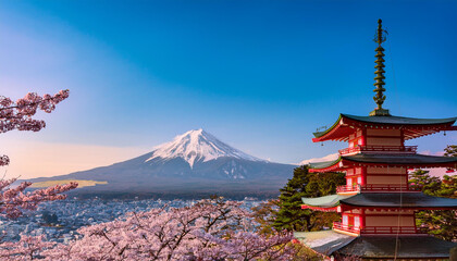 Fototapeta premium Mt.Fuji and Five-storied pagoda and cherry blossom