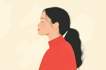 Obraz premium A minimalist side profile illustration of a woman with long black hair in a ponytail, wearing a red sweater, set against a light background