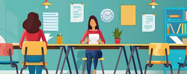 Teacher grading papers, classroom desk, flat design illustration