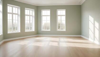 Obraz premium Empty room with large windows, hardwood floors, and natural lighting