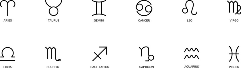 Zodiac signs icons. Aries, leo, gemini, taurus, scorpio, aquarius, pisces, sagittarius, libra, virgo, capricorn and cancer. Vector illustration