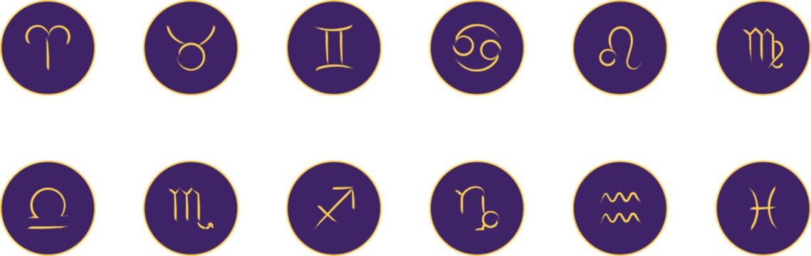 Zodiac signs icons. Aries, leo, gemini, taurus, scorpio, aquarius, pisces, sagittarius, libra, virgo, capricorn and cancer. Vector illustration