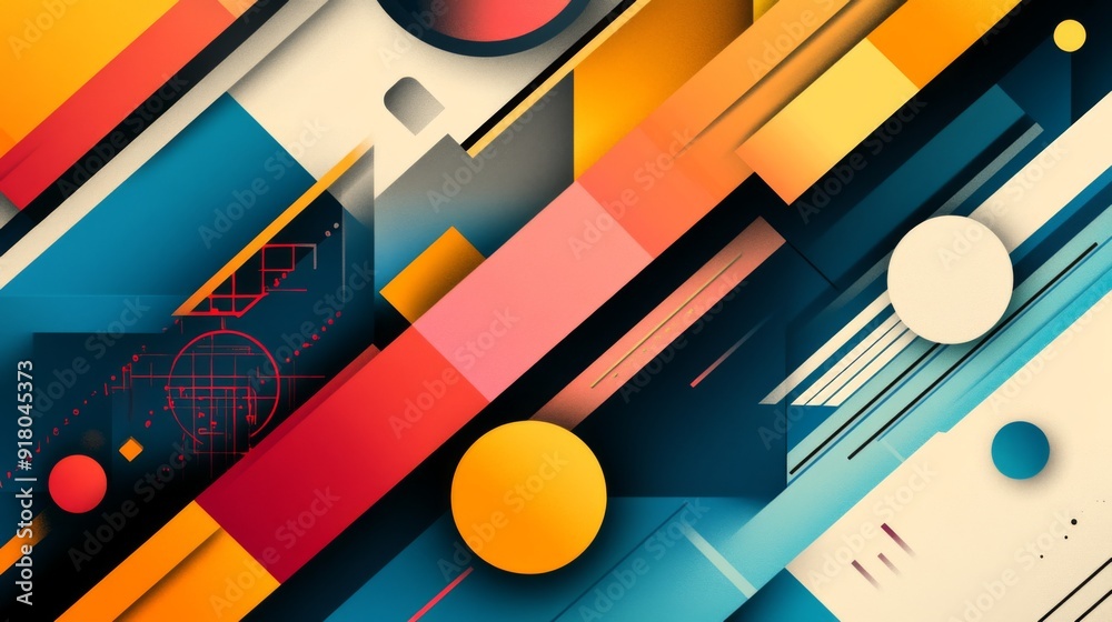 Poster a vibrant, abstract graphic design featuring bold geometric shapes and bright colors, with a modern 