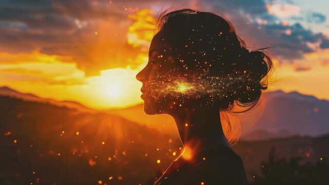 A woman s silhouette with her hair tied back is captured against a vibrant sunset, her face seemingly filled with glowing stars, creating a magical, dreamlike effect.