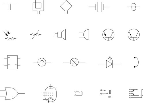 Electronic circuit symbols. Graphic symbols for electrical components in schematic circuit diagrams. Vector .