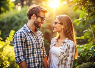 Obraz premium Smiling pair wearing trendy glasses and casual attire, holding hands, and gazing into each other's eyes, surrounded by lush greenery and warm sunlight.