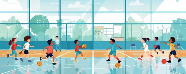 Physical education class, kids playing sports, flat design illustration