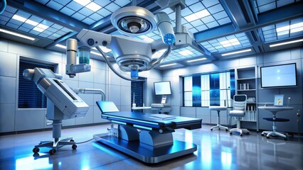 Surgical assistant robot arm extends from a futuristic console, equipped with high-tech instruments, in a sterile operating room environment.