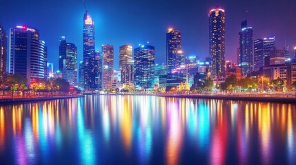 Naklejka premium A wide shot of gleaming tall buildings next to a river, with vibrant city lights and a clear reflection in the calm water, capturing the beauty of urban architecture.