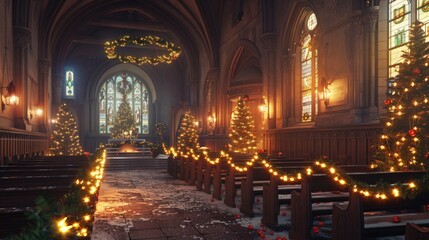 Obraz premium Decorated Christmas church with a Christmas tree. Sacred Christmas Eve service with candlelight and hymns.